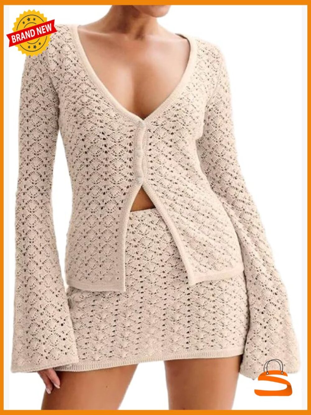 Crochet 2 Piece Outfits Set Swimwear Cover Up Flared Long Sleeve Button Down